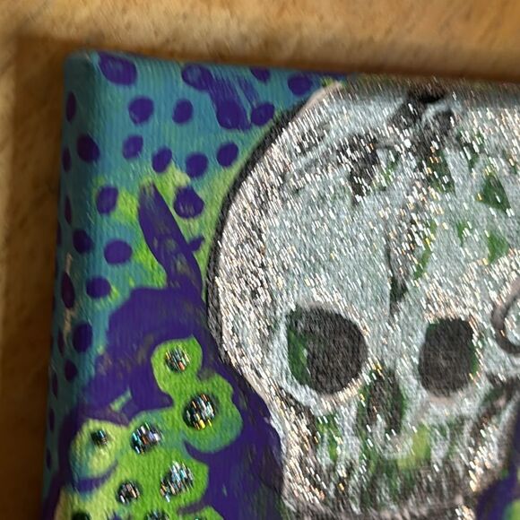 Original Acrylic Painting 4x4 Purple and Green and Silver Skull Painting - Picture 5 of 9